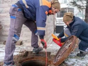 Tecnici al lavoro per la disinfestazione di una fognatura