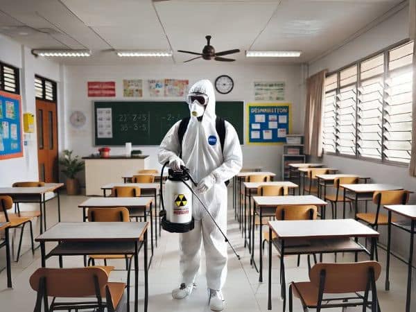 operatore che fa una disinfestazione in aula di una scuola
