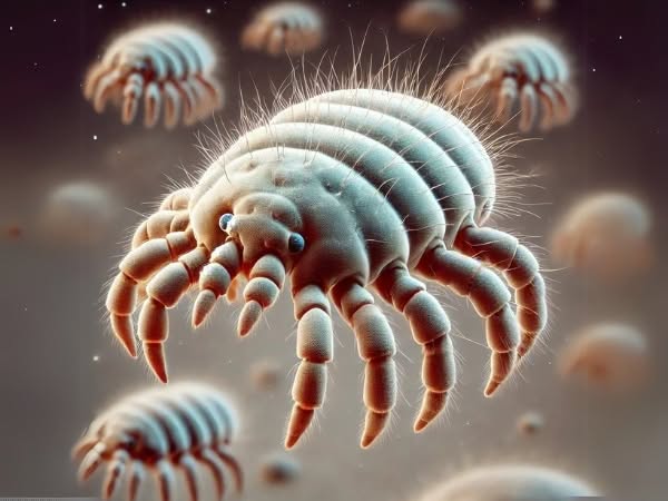 Primo piano di un gruppo di acari al microscopio